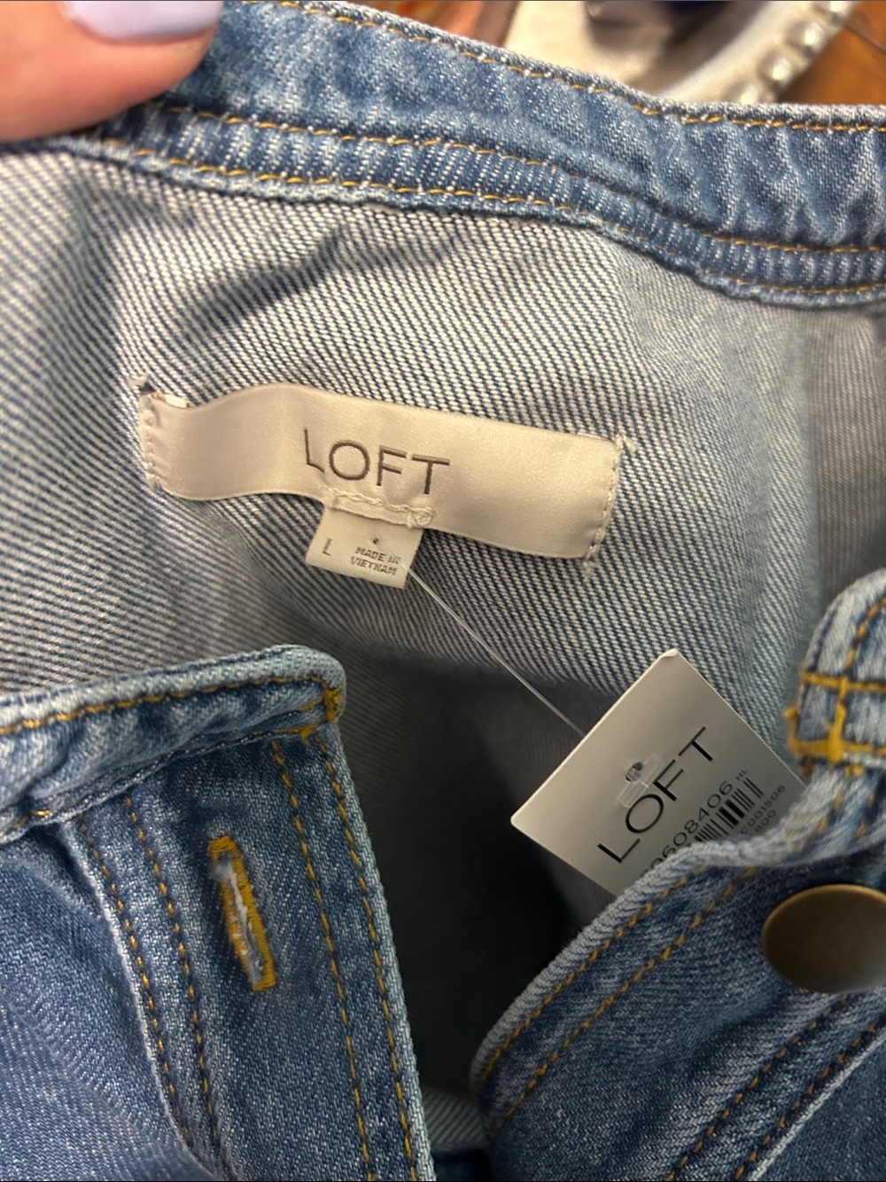 LOFT Blue Denim Ruffle-Shoulder Button Pullover - Picture 3 of 3